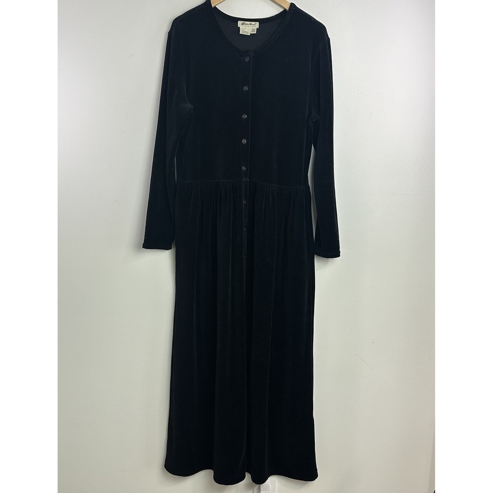 Eddie Bauer Maxi‎ Dress Womens Med Black Velvet Long Sleeve Button Front Vintage